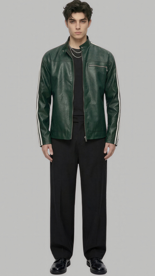A male model wearing a dark green leather jacket with white stripe details on the sleeves, styled with a black shirt, black trousers, and black shoes, set against a solid gray background.
