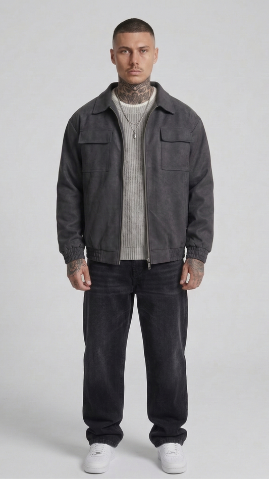 Mens premium dark grey suede jacket with front zipper closure and classic collar