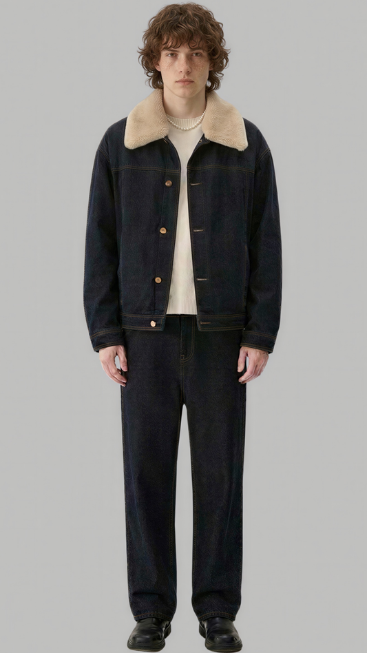 A model stands against a solid gray background wearing a dark indigo denim jacket with a beige shearling-style collar, a cream t-shirt, dark denim pants, and black shoes.