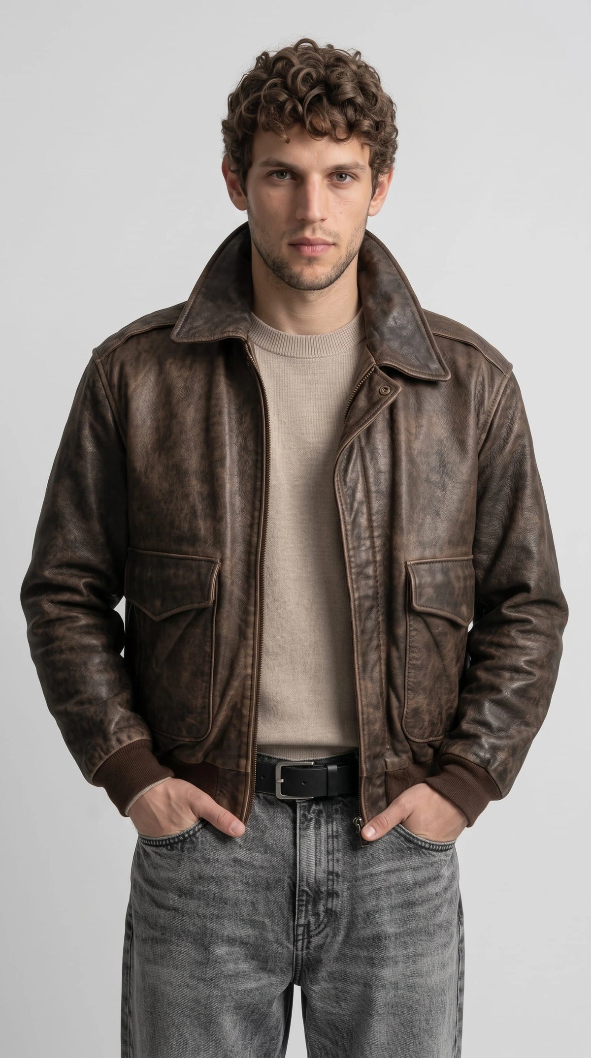 Men's distressed brown genuine leather bomber jacket with vintage worn finish, spread collar, full zip front closure, flap chest pockets and ribbed knit cuffs, classic aviator style outerwear for men
