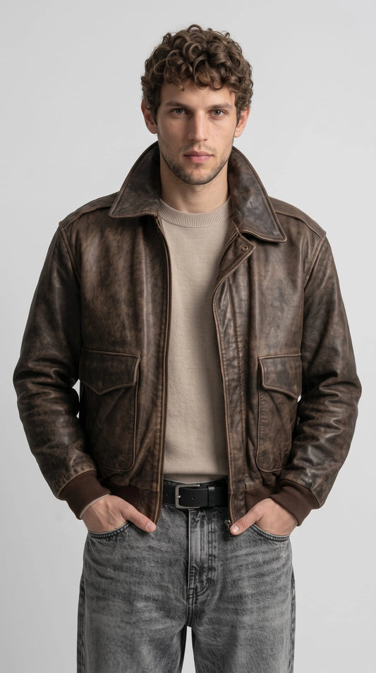 Men's distressed brown genuine leather bomber jacket with vintage worn finish, spread collar, full zip front closure, flap chest pockets and ribbed knit cuffs, classic aviator style outerwear for men