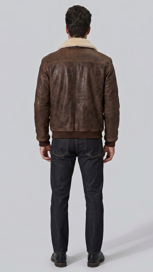 a structured dark brown distressed leather jacket showing bomber silhouette and clean panel stitching.