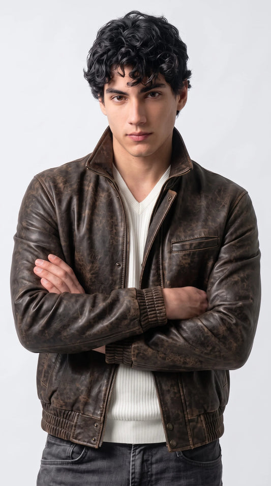 Men's distressed dark brown leather bomber jackero jacket with snap collar and ribbed hem, worn over white knit v-neck sweater