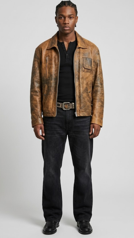 A man modeling a distressed brown leather jacket over a black shirt and dark jeans, standing against a light gray studio background.