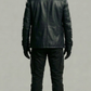 Mens classic long black leather winter coat with premium black shearling lining and tailored structure.