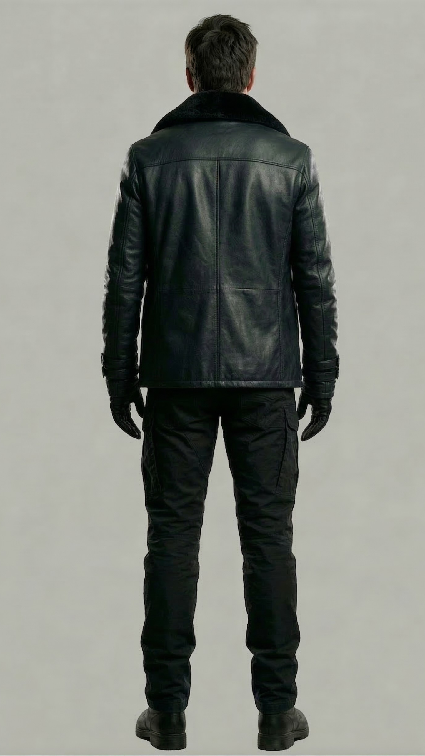 Mens classic long black leather winter coat with premium black shearling lining and tailored structure.