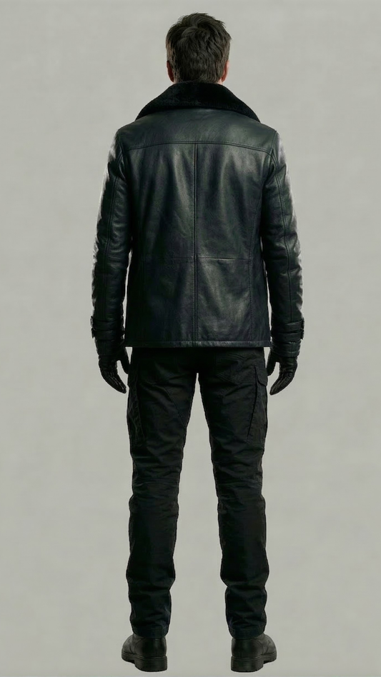 Mens classic long black leather winter coat with premium black shearling lining and tailored structure.