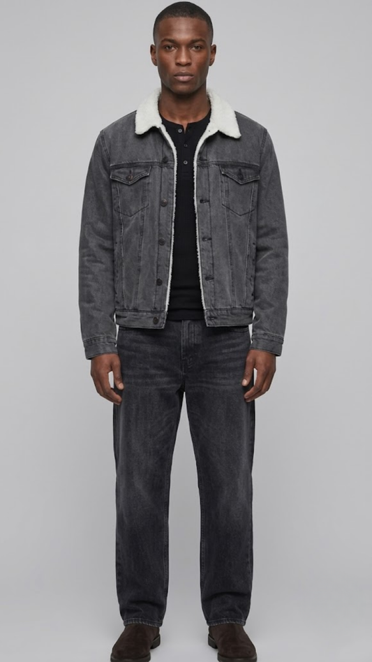 A man modeling a dark gray washed denim jacket with a white sherpa collar, worn over a black t-shirt and dark gray jeans, against a solid light gray background.