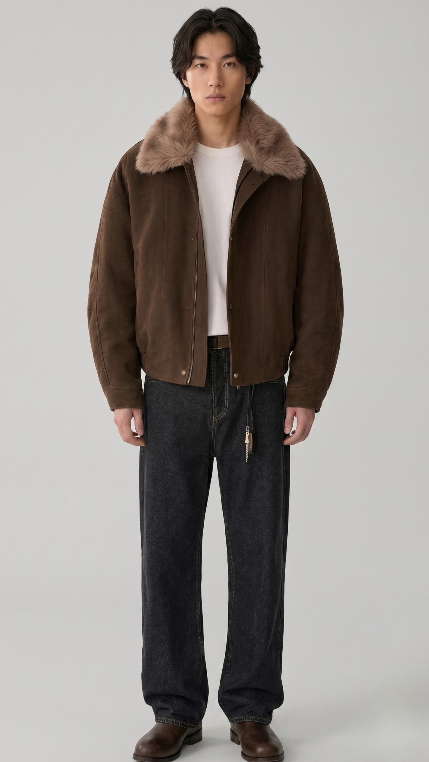 Premium dark brown leather jacket featuring a plush off-white shearling collar, dual chest pockets, and front button-up closure by Jackero.