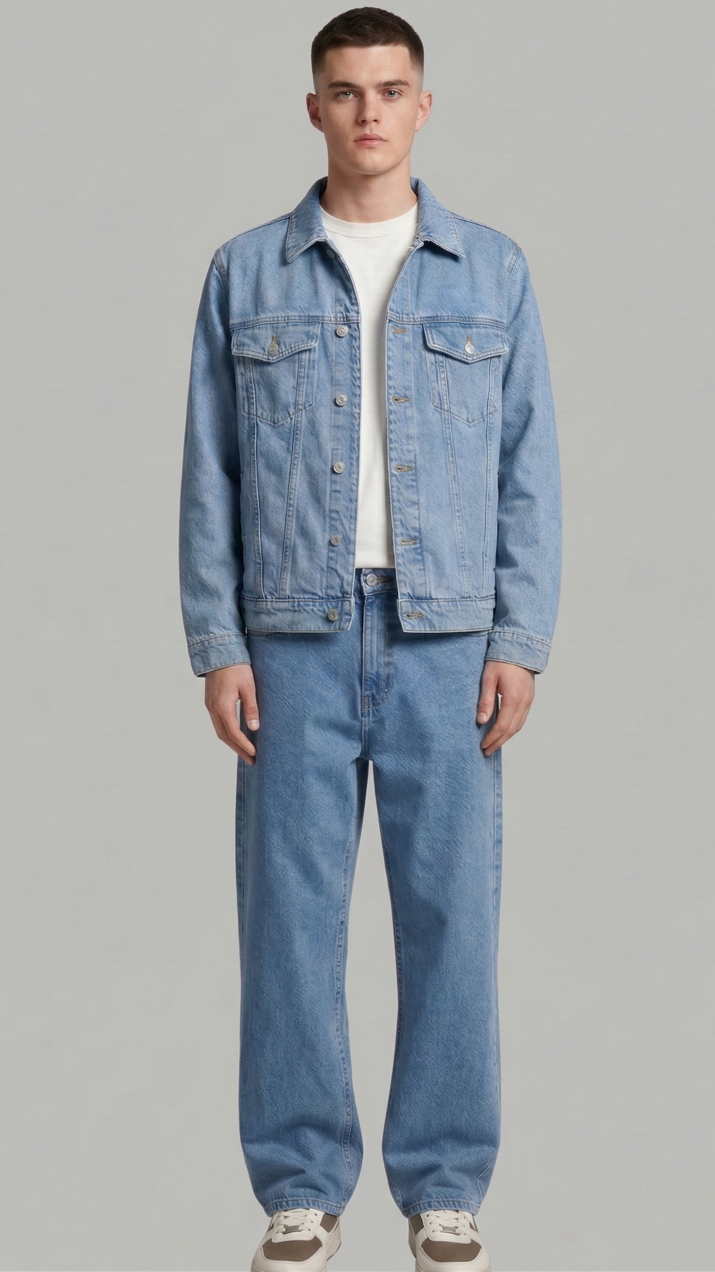 A man modeling a light blue denim jacket and matching light blue denim jeans over a white t-shirt, standing against a solid gray studio background.