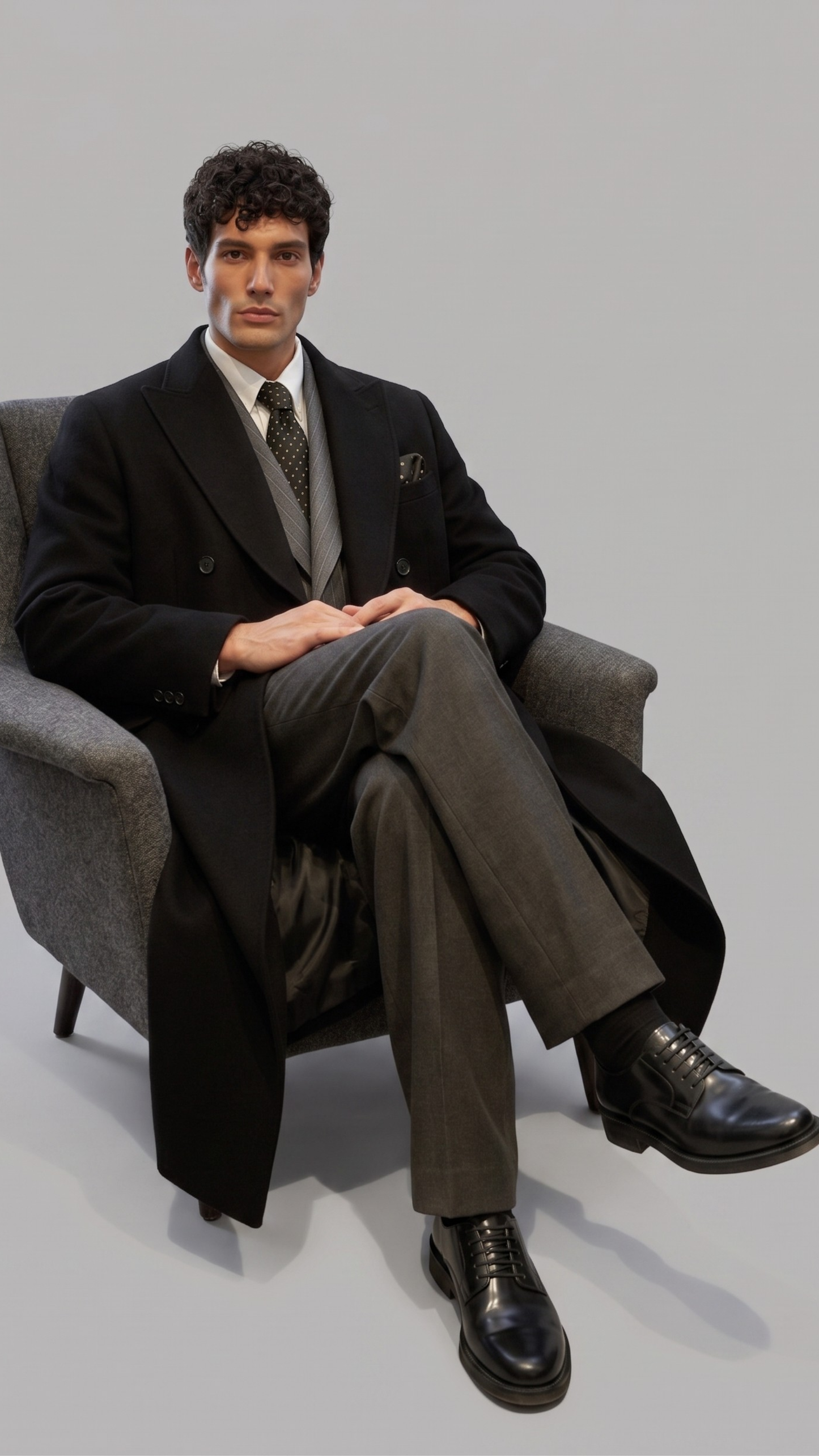 Man in a black double breasted long wool coat sitting on a gray chair against a plain background