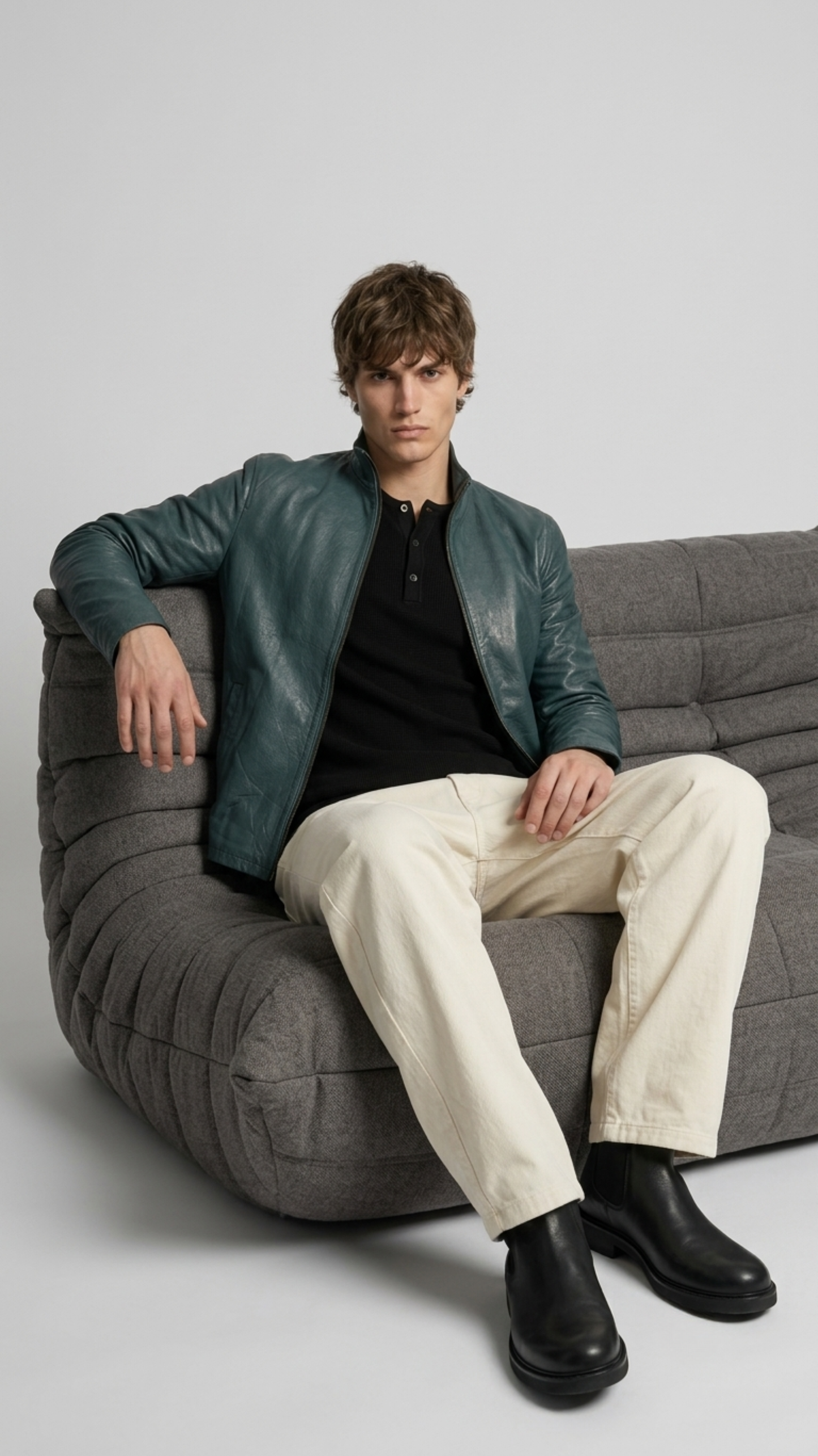Premium men's style lookbook editorial showcasing a sophisticated seasonal outfit featuring an eye-catching dark cyan genuine leather coat.