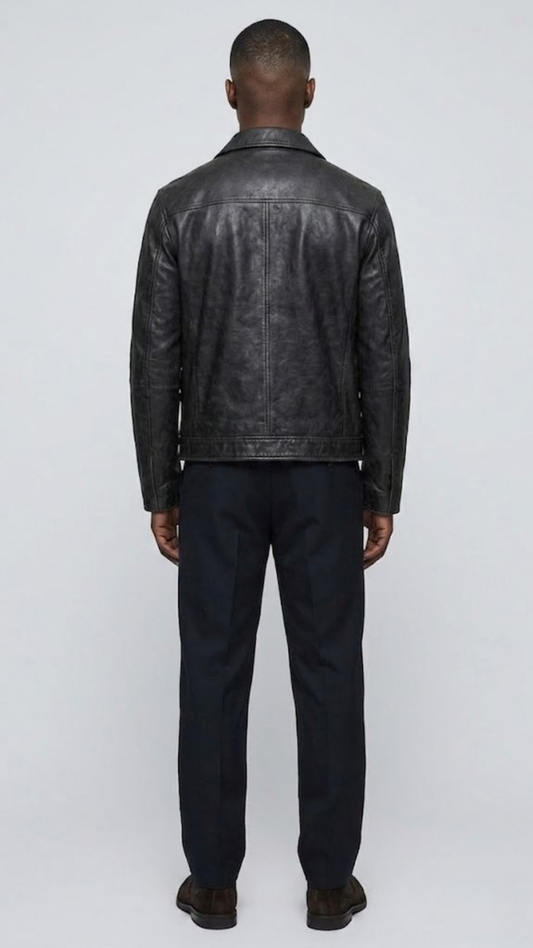 Straight-on back view of a structured plain black leather jacket highlighting its smooth surface, precise panel lines, and fitted silhouette.