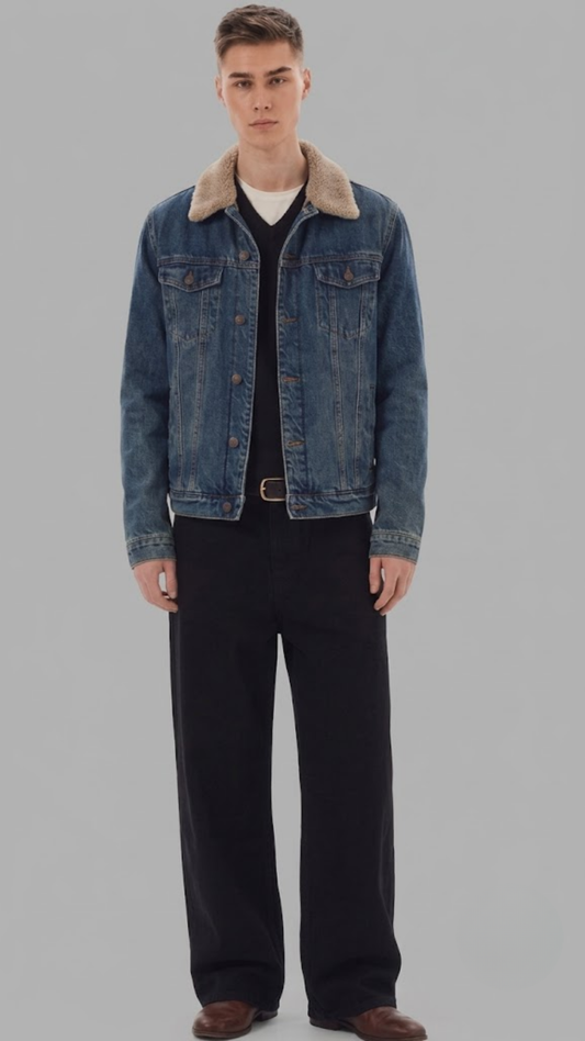 A man modeling a blue denim jacket with a beige shearling-style collar, worn open over a black shirt and dark trousers, against a solid gray studio background.