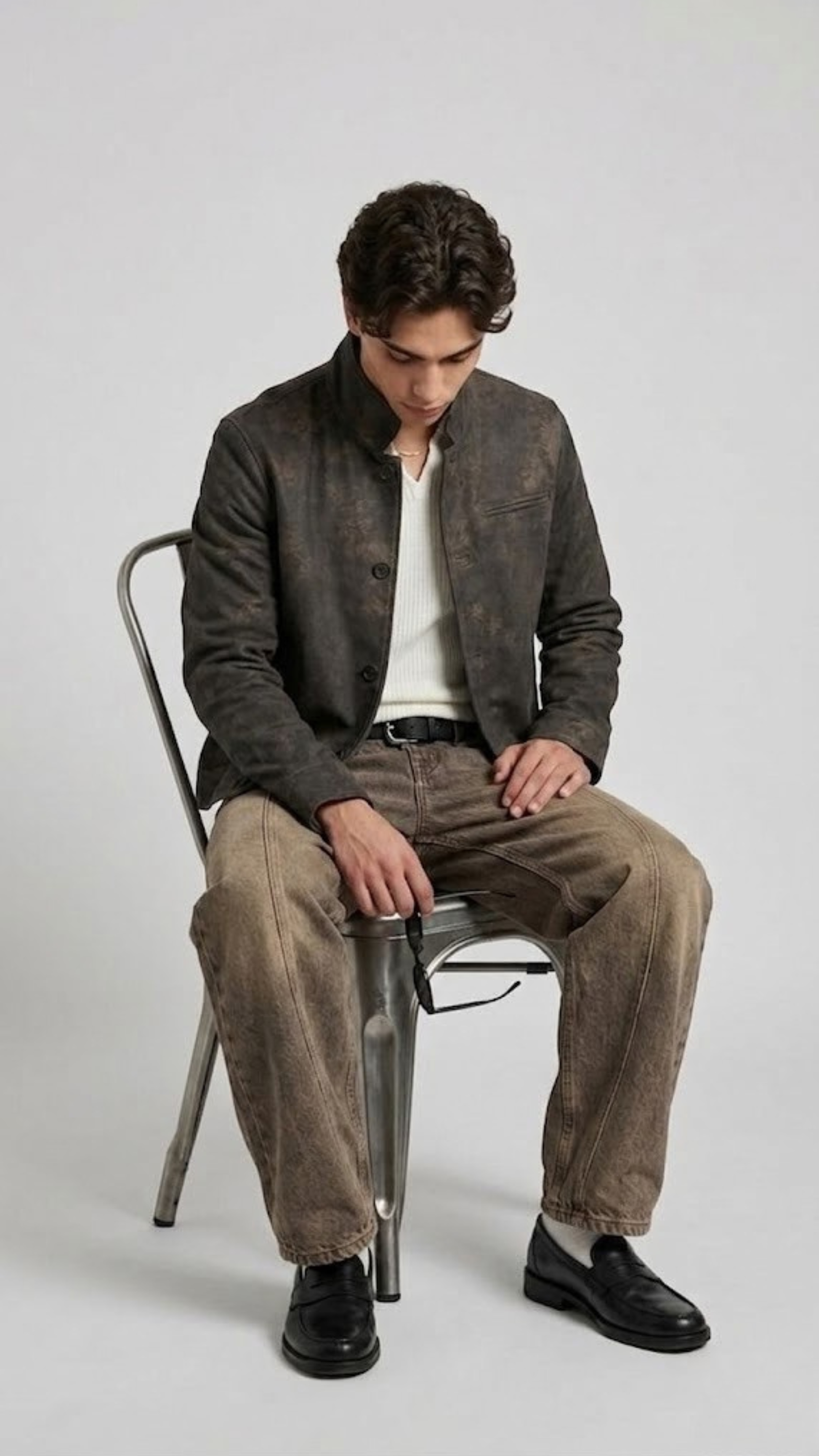Sleek distressed charcoal leather jacket for men in dark grey finish