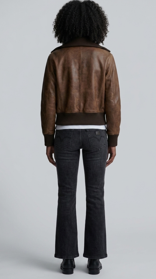 Symmetrical back view photo showcasing the clean structured back panel layout and robust shoulder seams of the chocolate brown leather jacket.