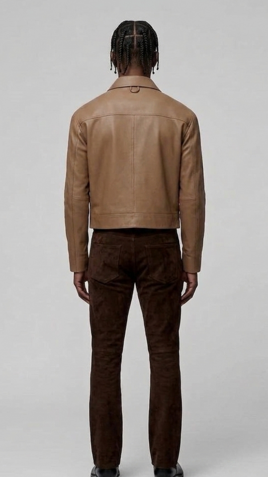 Symmetrical rear view of the light sand leather bomber jacket highlighting the seamless shoulder yoke and premium clean stitched panels.