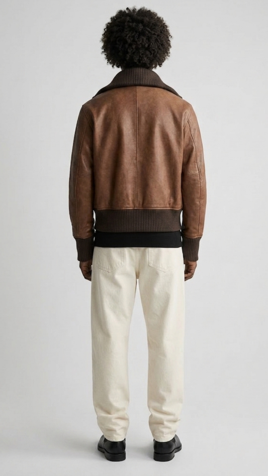Symmetrical rear view studio shot highlighting the smooth streamlined paneling and sleek shoulder construction of the walnut brown leather coat.