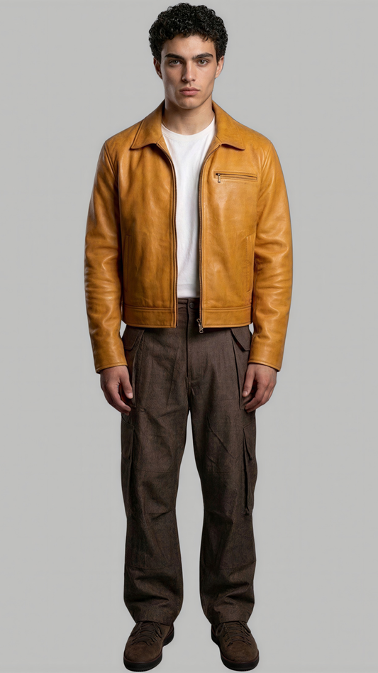 Man wearing a tan leather jacket and brown pants on a gray background