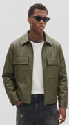 Men's olive green faux leather zip-up jacket with two flap chest pockets and spread collar