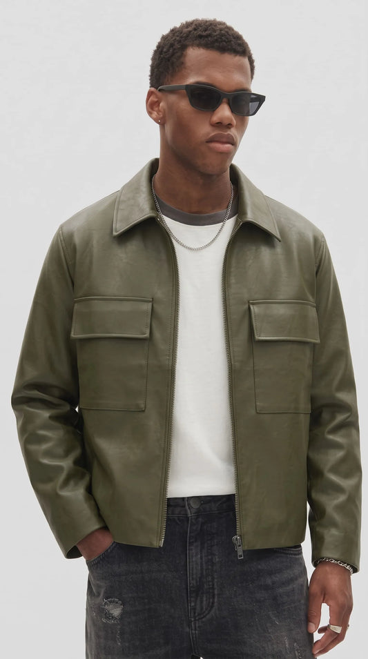 Men's olive green faux leather zip-up jacket with two flap chest pockets and spread collar
