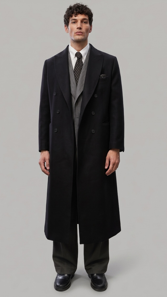 Model wearing a premium black double-breasted long wool coat standing in a studio setting.