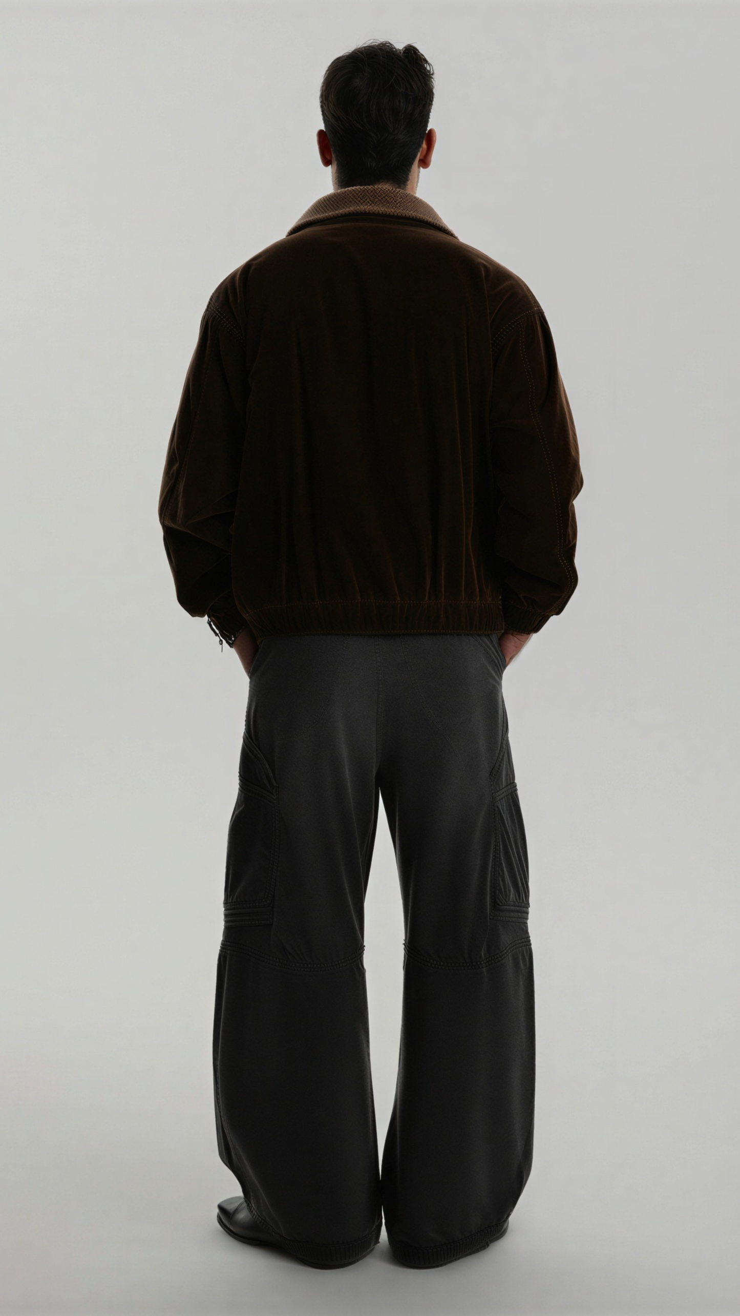 high-quality dark brown suede winter coat showing the rich matte leather finish and clean structural seams.