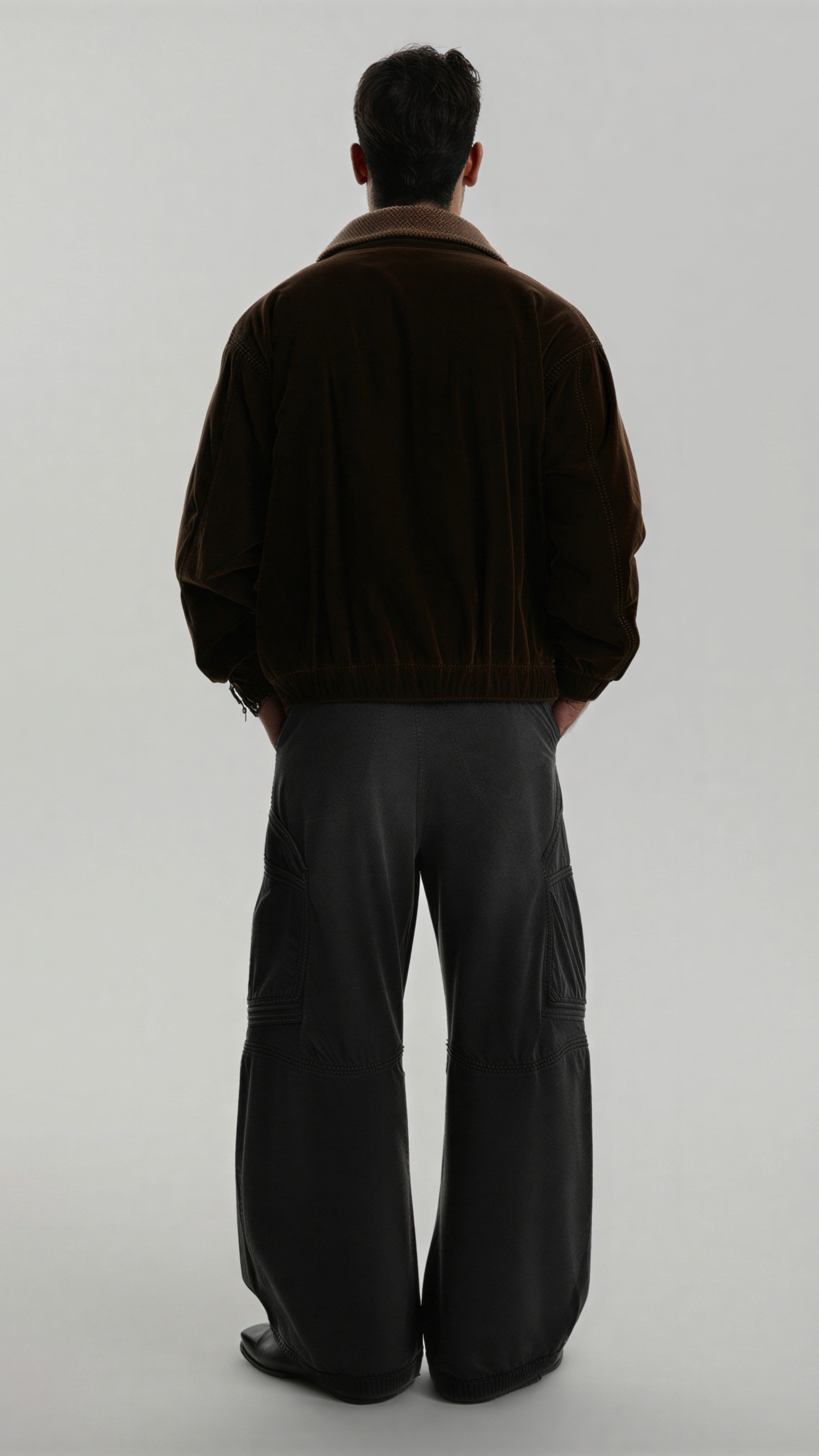 high-quality dark brown suede winter coat showing the rich matte leather finish and clean structural seams.