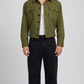 Mens premium olive green cotton jacket with front button closure and classic collar