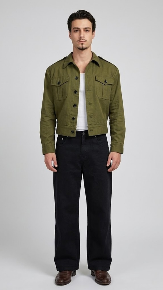 Mens premium olive green cotton jacket with front button closure and classic collar