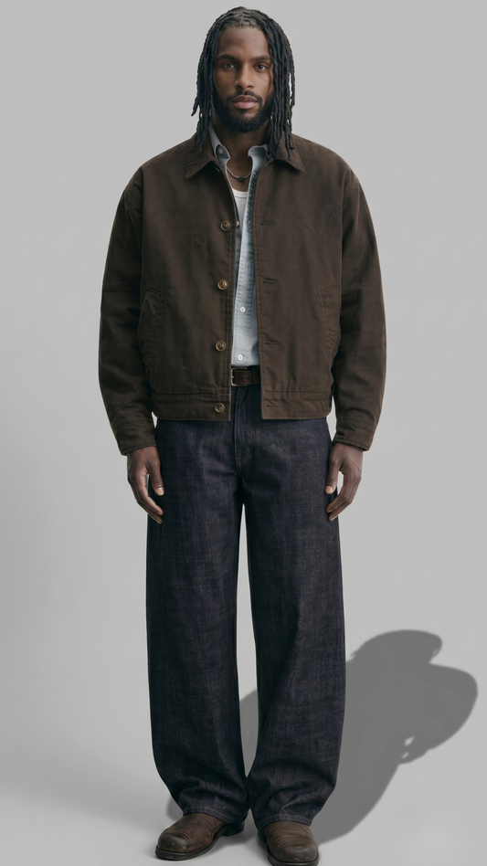 dark brown cotton canvas jacket with distinct collar detailing against a neutral studio background