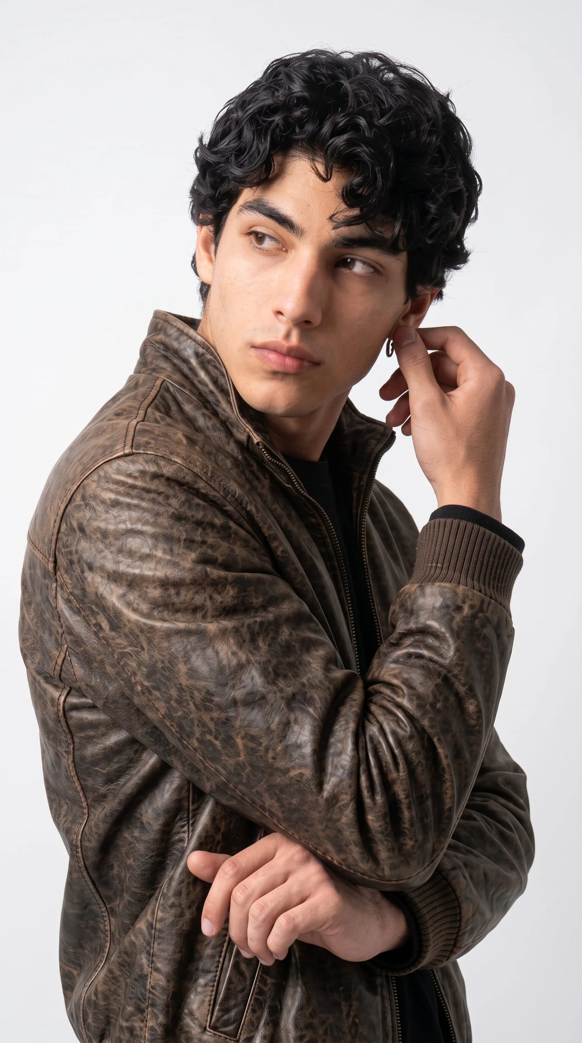 Vintage washed espresso brown leather jackero jacket for men with antique finish, zip front and chest pocket, front view on model