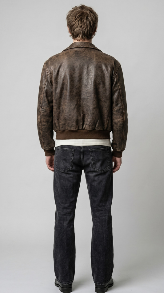 Symmetrical rear view studio shot highlighting the uniform weathered texture and rich coffee brown panels of the retro leather flight coat.