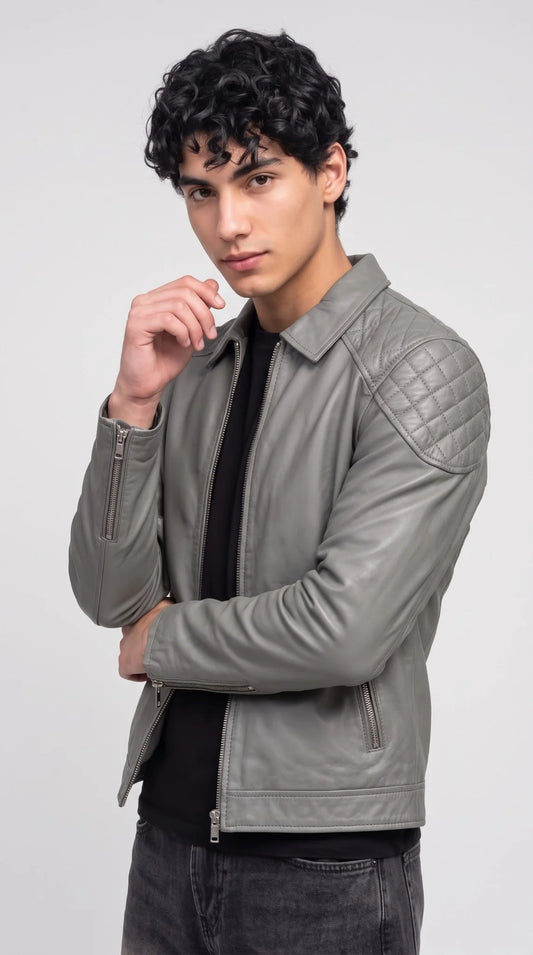 Men’s slate grey genuine leather jacket with a smart shirt-style turn-down collar and front silver zipper, styled as an everyday streetwear leather jacket, front view