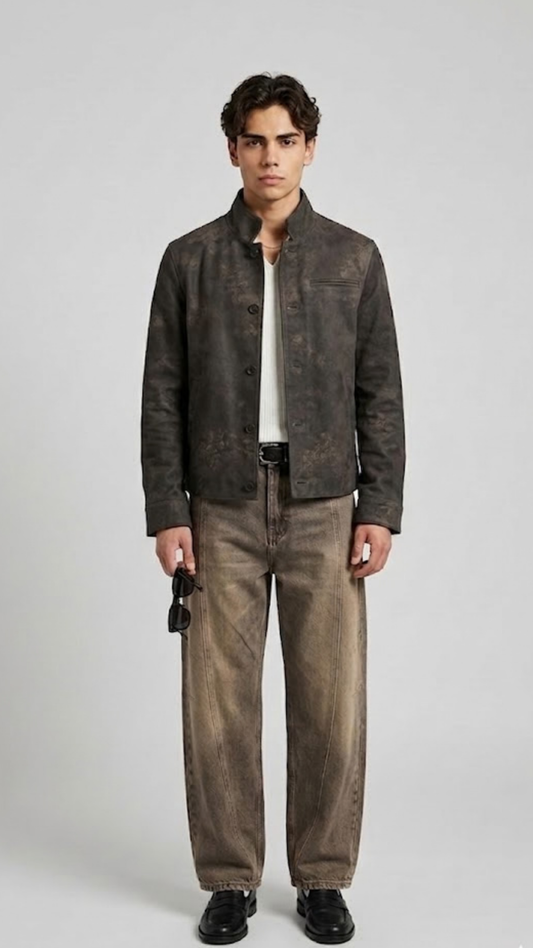 a minimalist charcoal leather jacket with sleek zippers and clean collar