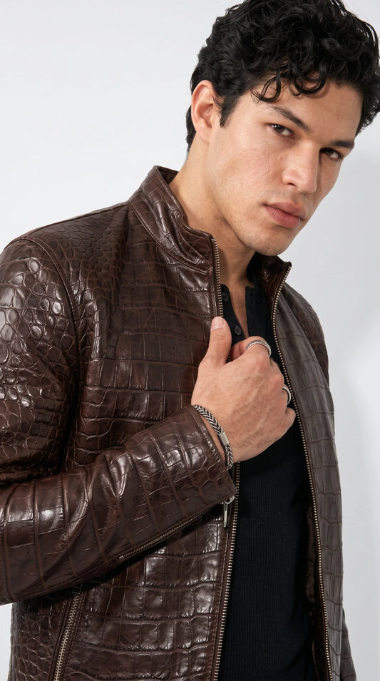 Luxury dark chocolate croc print leather café racer jackero jacket for men with silver zipper and zippered cuffs, front view