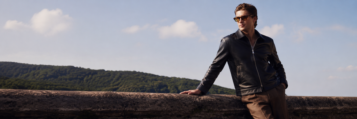 Men's slim-fit black leather zip jackero jacket outdoor shoot