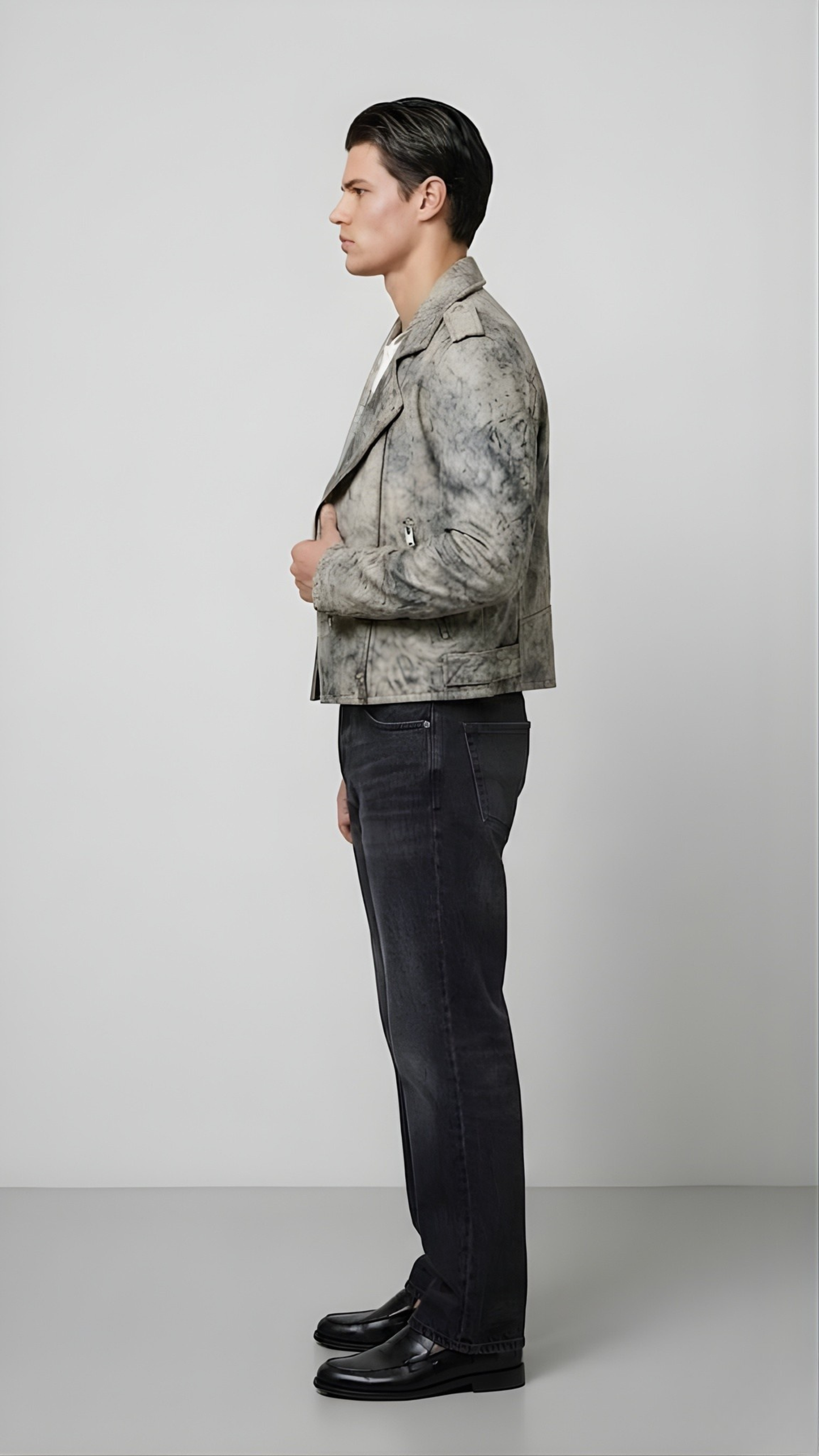 Straight-on back view of Jackero acid-washed distressed leather jacket highlighting the shoulder panels.