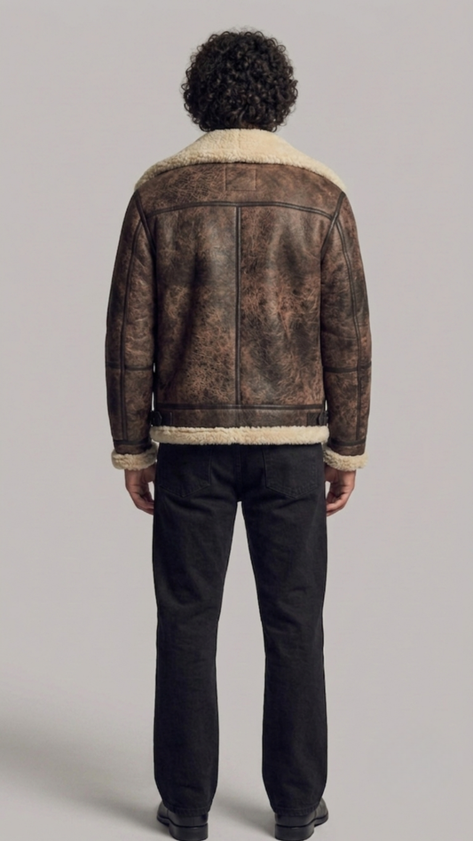 Rear view of a structured dark brown distressed aviator jacket showing the weathered leather texture and clean seams.