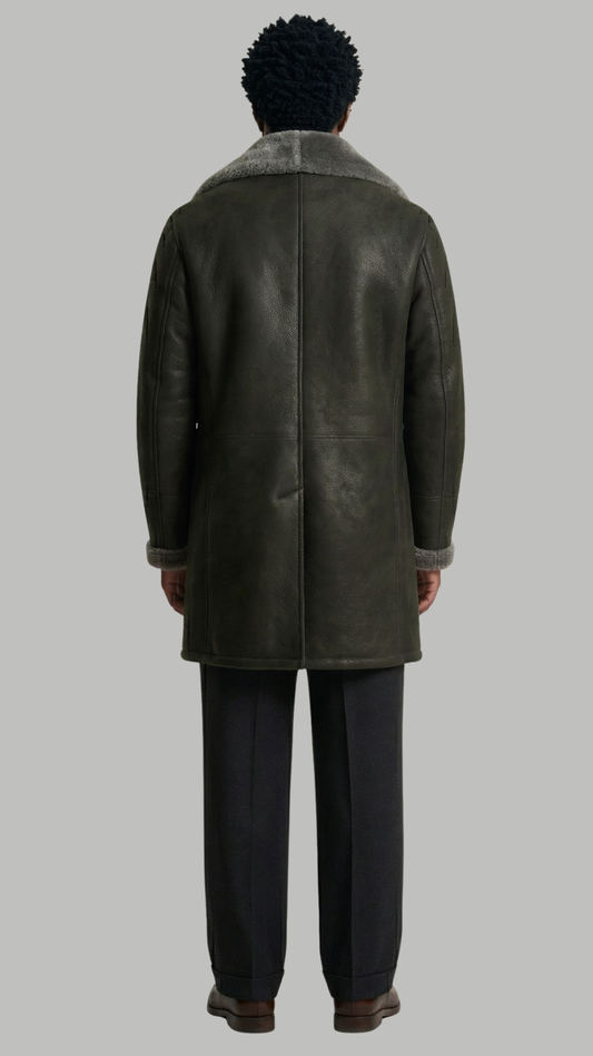 dark grey long leather overcoat designed for winter comfort and style.