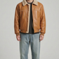 Front view of Jackero men's light tan leather jacket with premium cream shearling collar and inner lining.