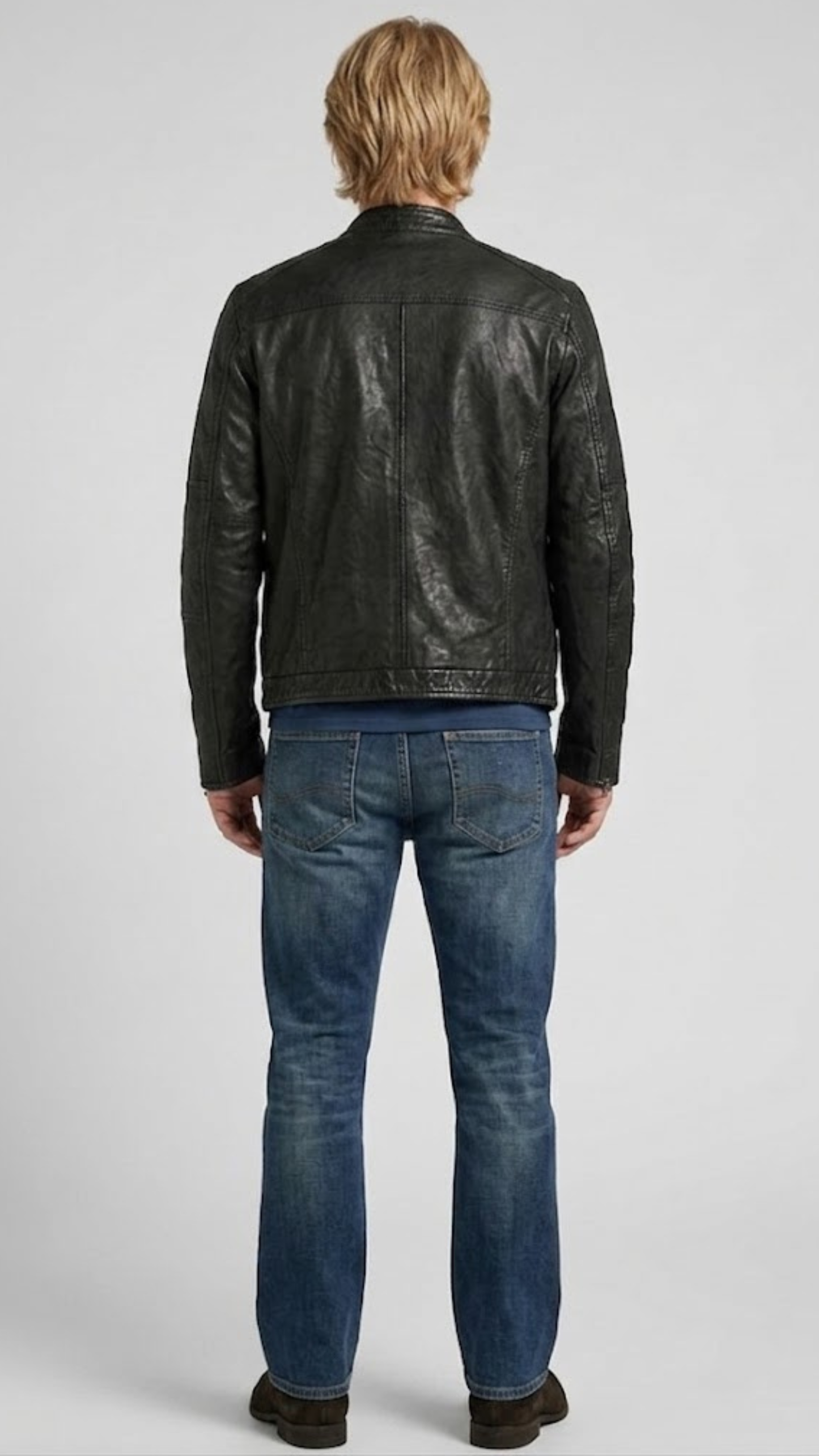 Regular fit men's black leather jacket displaying functional zippered chest pockets and a clean, comfortable profile.