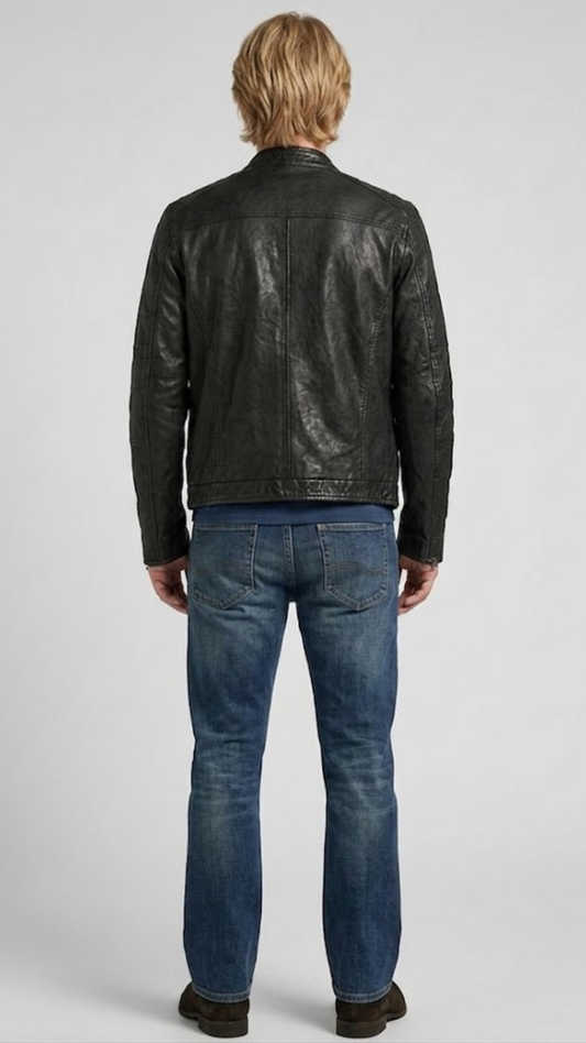 Regular fit men's black leather jacket displaying functional zippered chest pockets and a clean, comfortable profile.