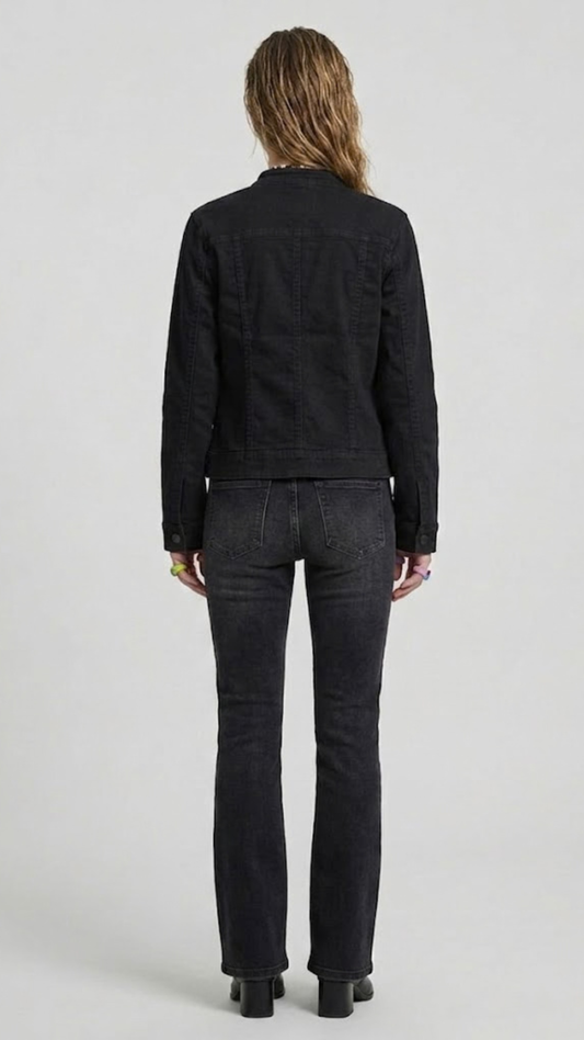 Street-wear outfit featuring a classic black jean jacket styled over a white t-shirt