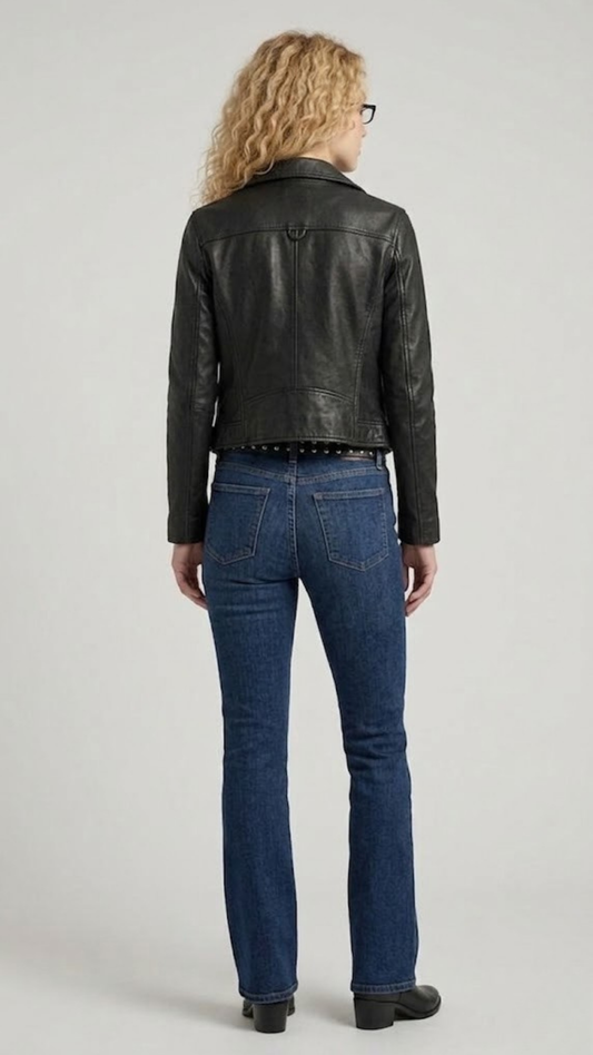 Clean back view of a minimalist black leather biker jacket, highlighting the structured shoulders, tailcoat cut, and tailored fit alignment.