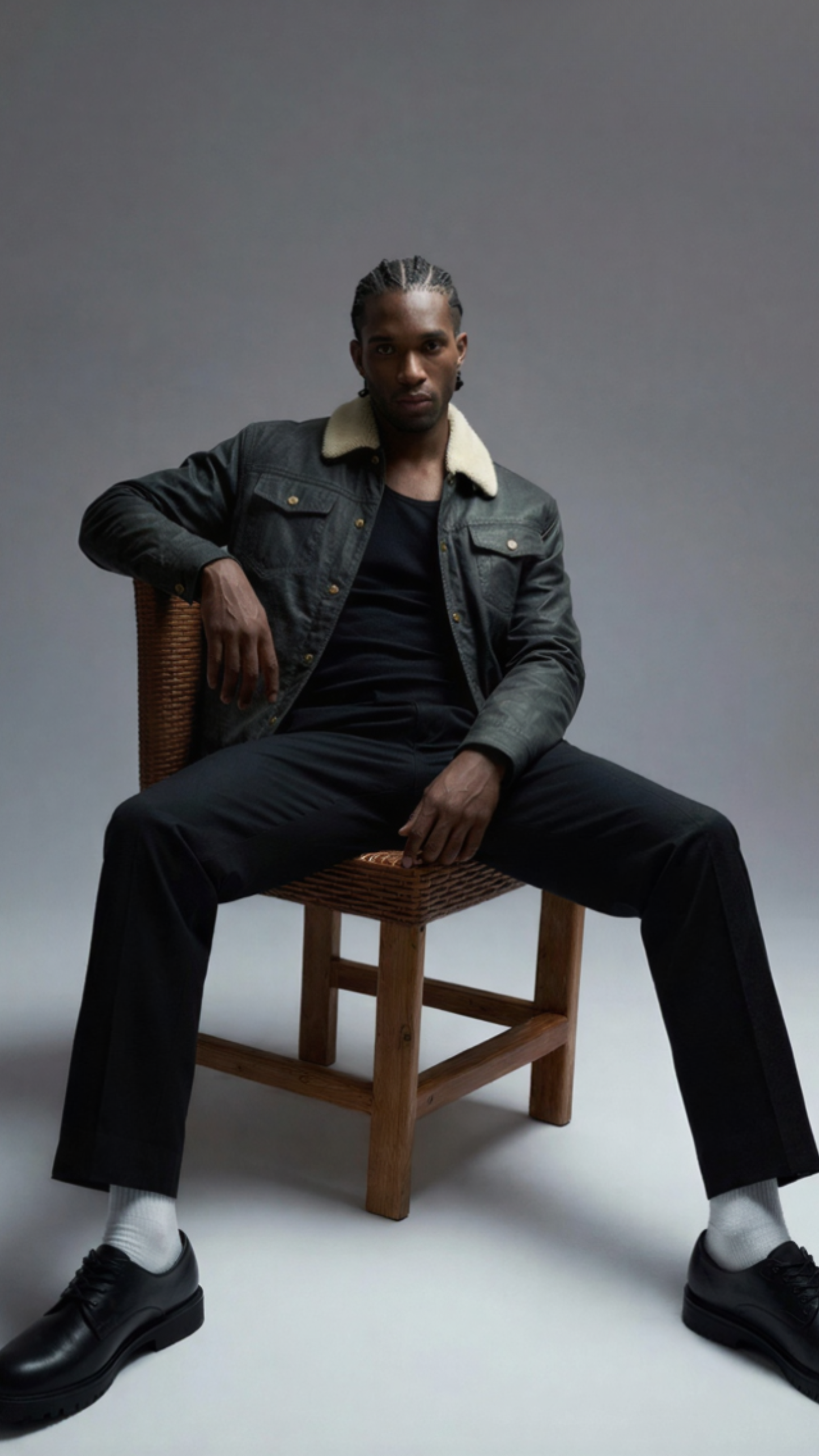 Symmetrical studio layout of a high-quality men's black leather trucker outerwear on a light grey backdrop.