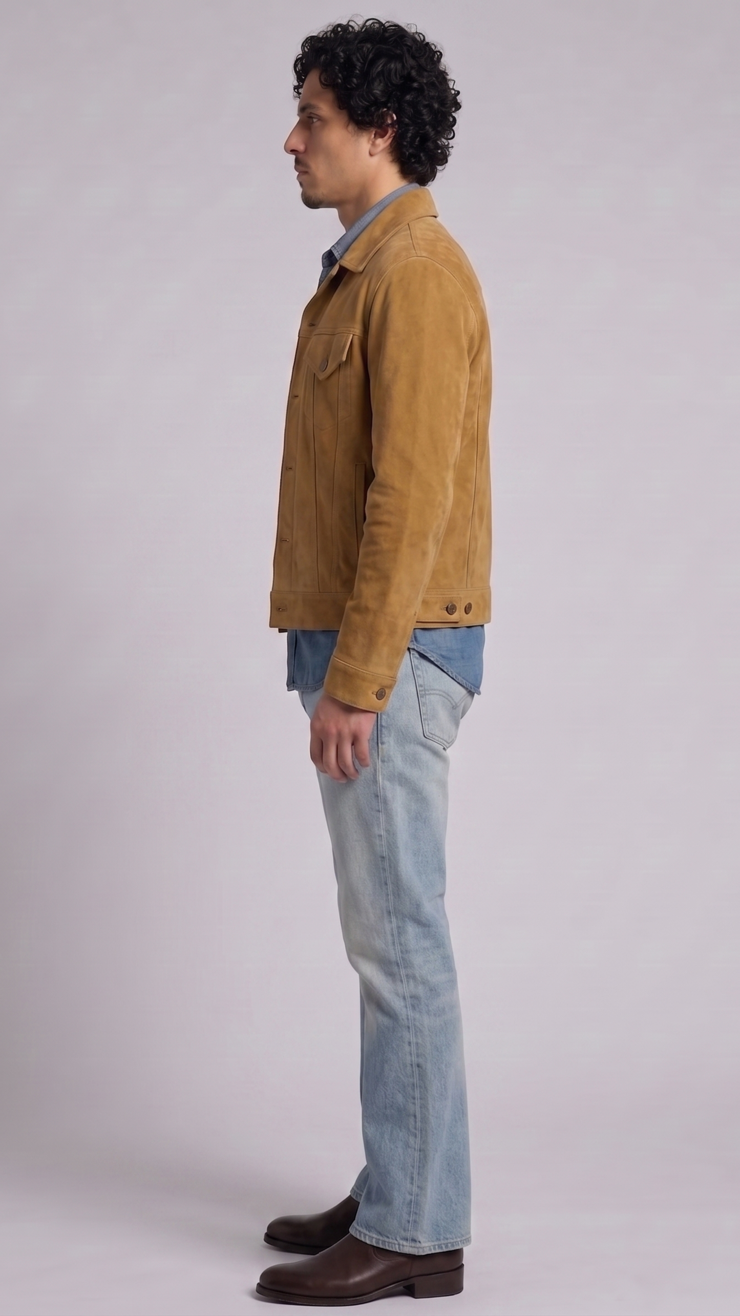 Versatile camel color suede jacket layered over a basic black t-shirt, perfect for a high-end urban streetwear outfit.