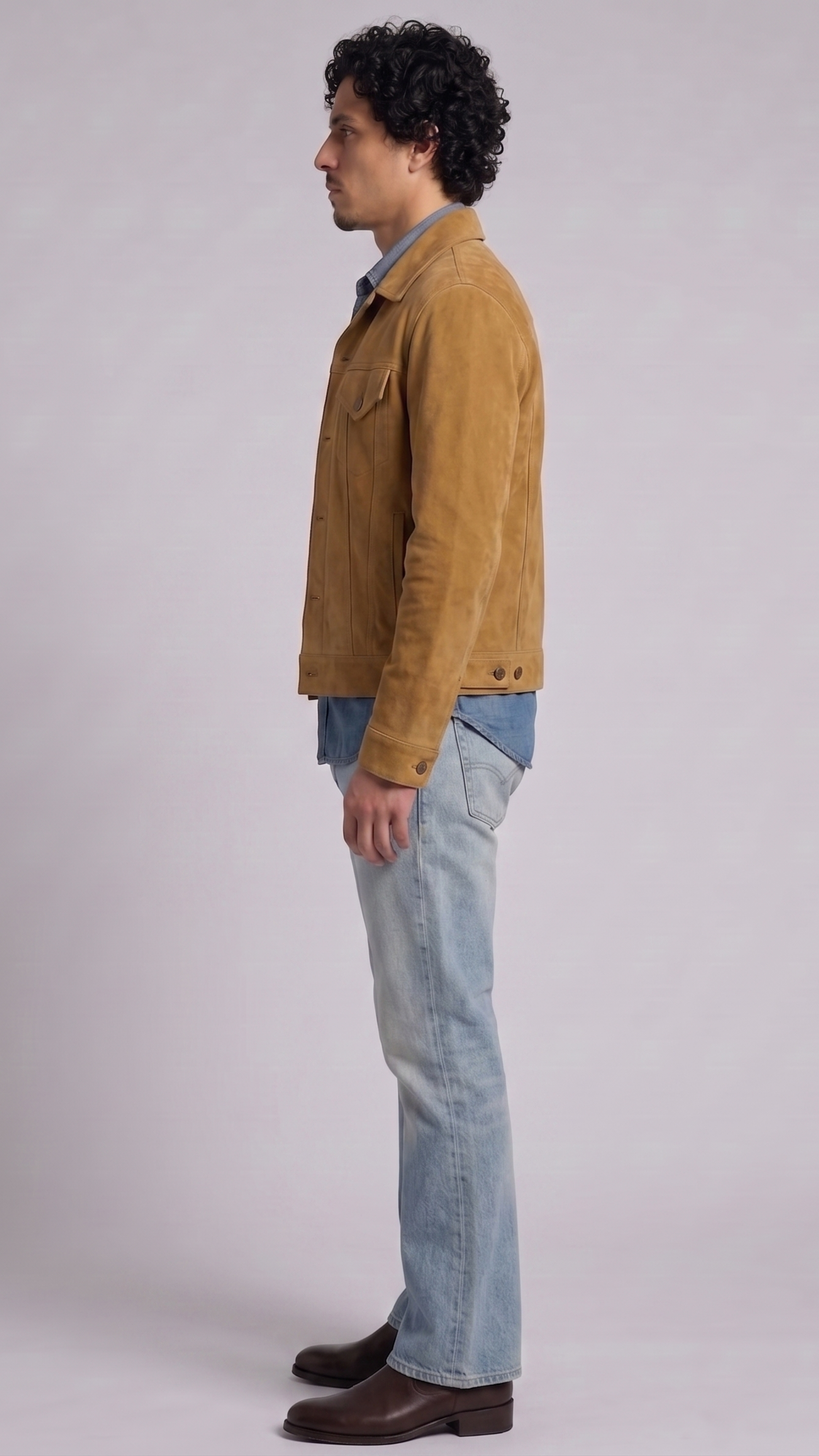 Versatile camel color suede jacket layered over a basic black t-shirt, perfect for a high-end urban streetwear outfit.
