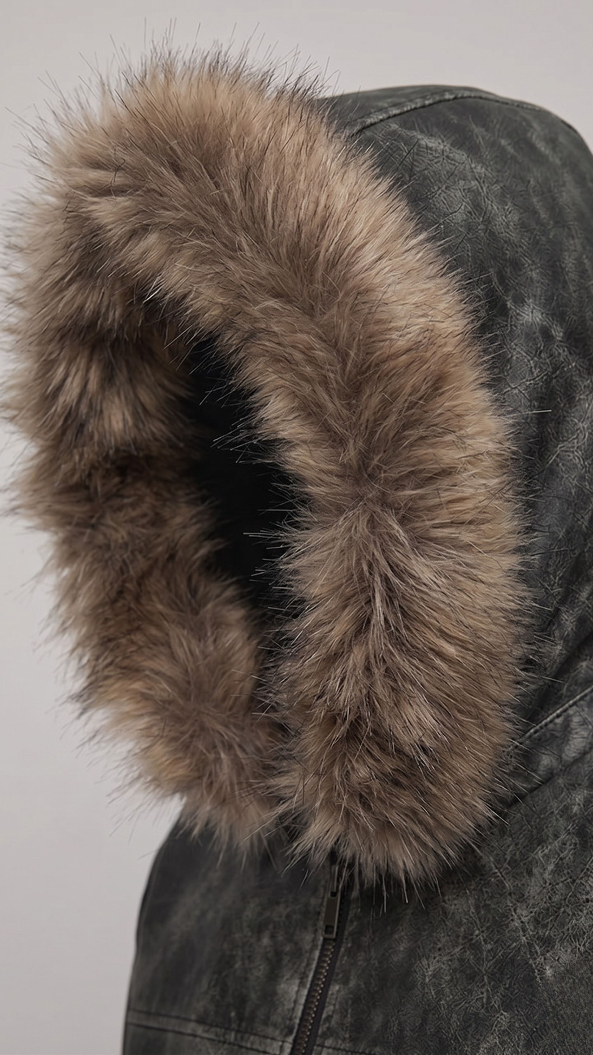 Close-up of a fur-lined hood on a dark jacket against a light background