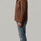 Versatile deep cocoa brown suede jacket layered beautifully over a neutral sweater, perfect for a high-end urban streetwear outfit.